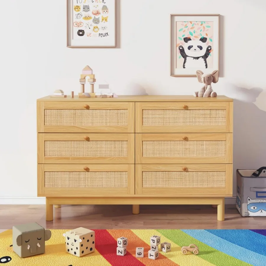 خزانة ذات 6 أدراج من الروطان لغرفة النوم 47.2 خزانة ذات أدراج من الروطان مع حامل تلفزيون مزدوج للتخزين لخزانة غرفة المعيشة Ha