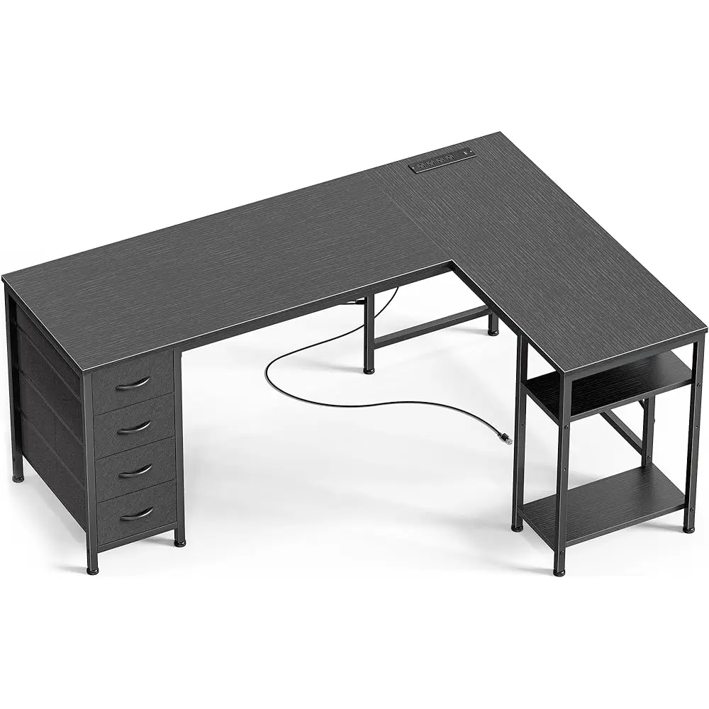

55 H L Shaped Desk With Fabric Drawers, Reversible Computer Gaming Desk With Power Outlets And Usb-C Port, Adjustable Side