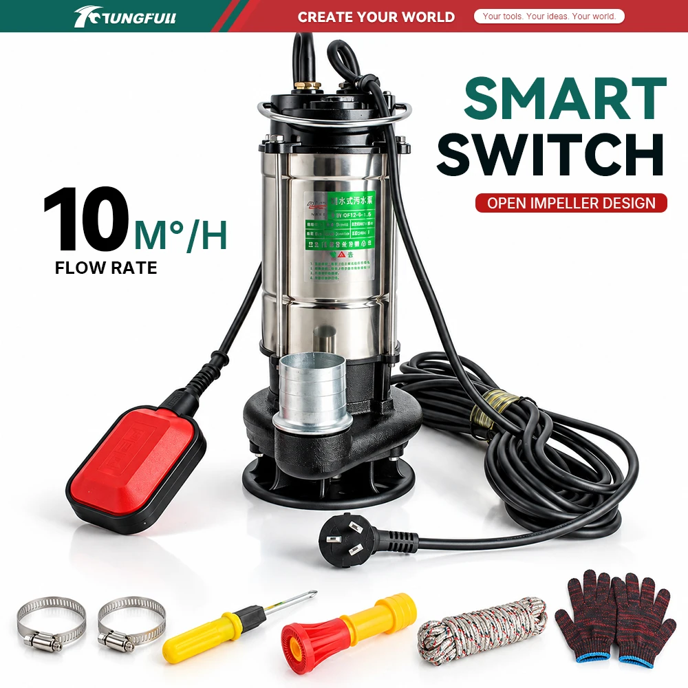 220V Submersible Sump Pump Stainless Steel Sewage Water Pump With Float Switch For Basement Flood Farm Dirty Water Drainage