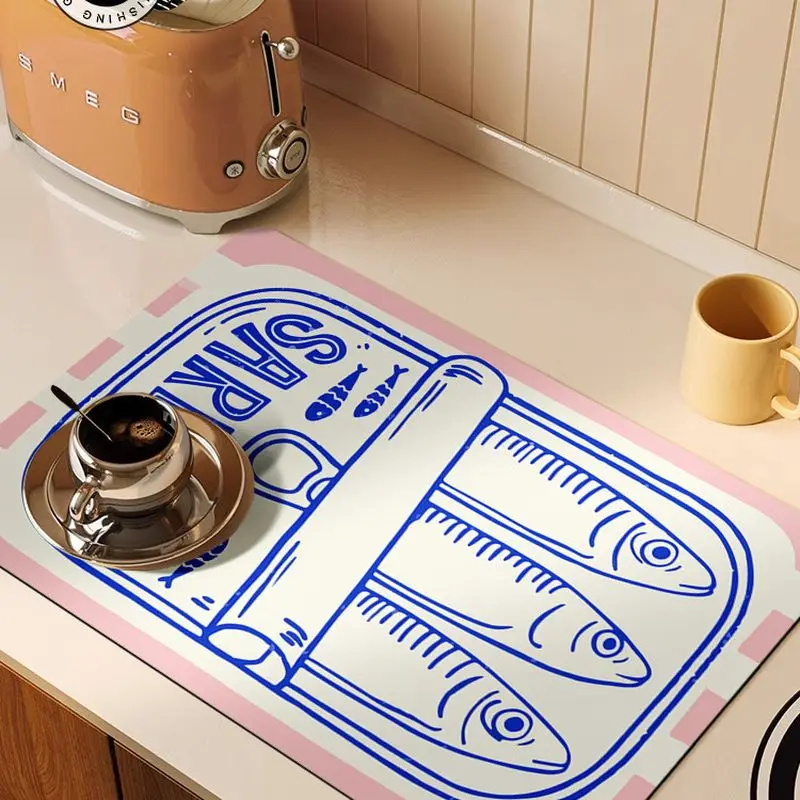 VIKAMA Retro Blue Sardine Tin Placemat, Cute Fish Table Mat, Heat Resistant Non Slip Washable Kitchen Pad, Dining Decor