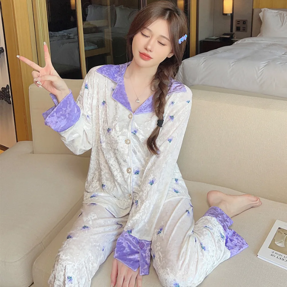 

Golden Velvet Sleepwear For Women Nightwear Female Underwear Autumn New Pyjama Set Pijamas For Women’s Home Wear Nightie