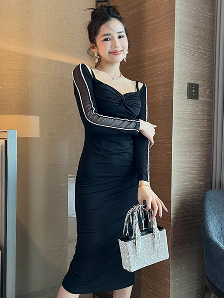 แฟชั่นผู้หญิงชุดราตรีสีดําเซ็กซี่ตัดปิดไหล่พับ Slit Midi Party วันเกิดพรหม Robe Femme Mujer vestidos fiesta