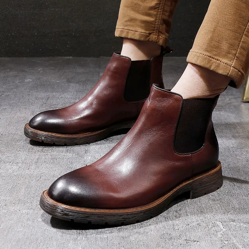 Botines Chelsea de cuero genuino de vaca de estilo británico para hombre, zapatillas altas con banda elástica sin cordones, botas de vestir informales para hombre