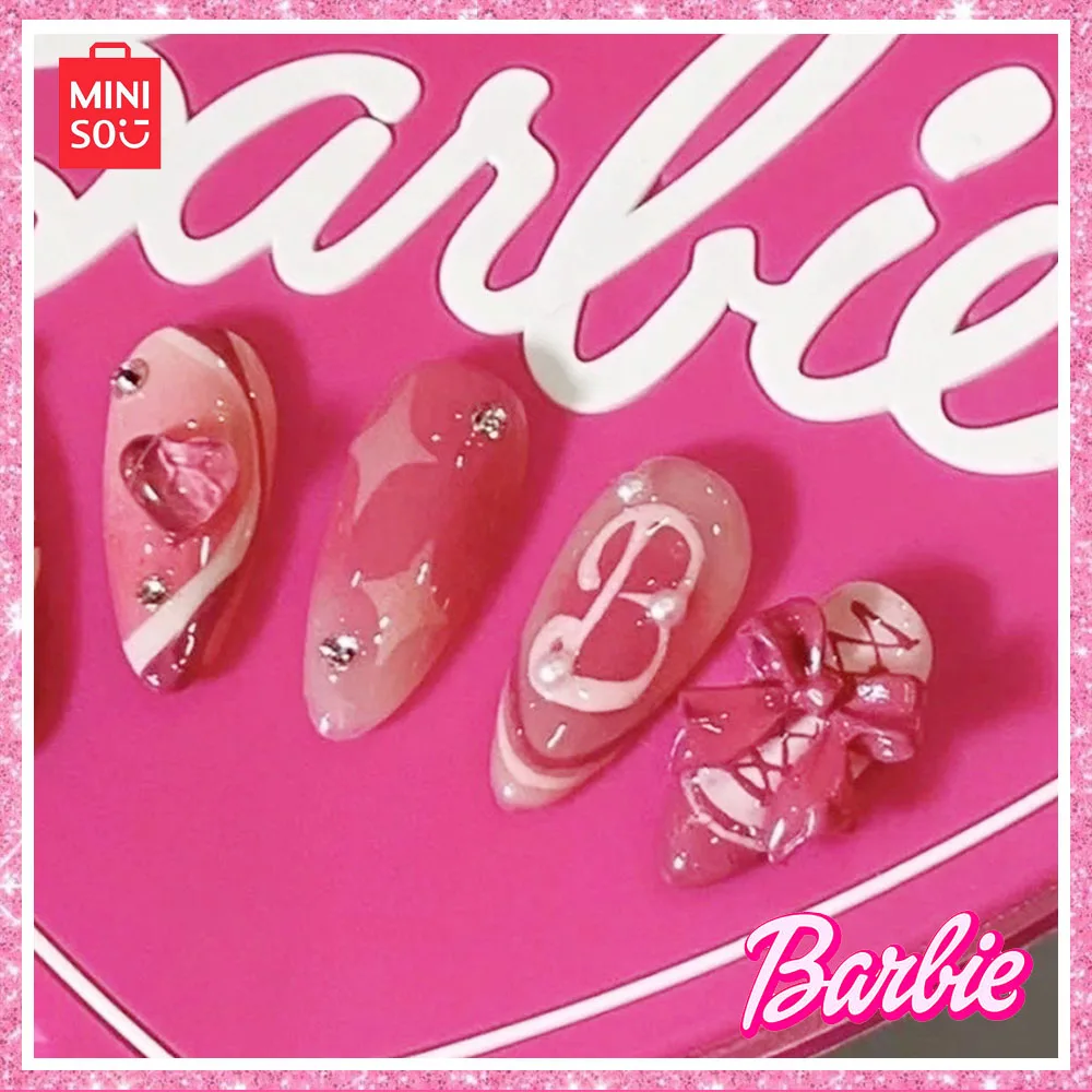 2024 Miniso Barbie Princess New Pure Hand-Painted Wear Nails Diamond Pink Kawaii Girl Gift Sweet Cool Hottie Fashion Party Bow