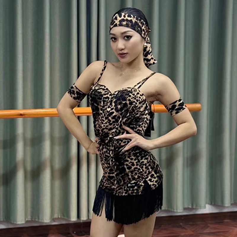 

New Leopard Print Latin Dance Dress Women Cha Cha Rumba Samba Dance Performance Costume Sexy Competition Clothing Adult DNV19103