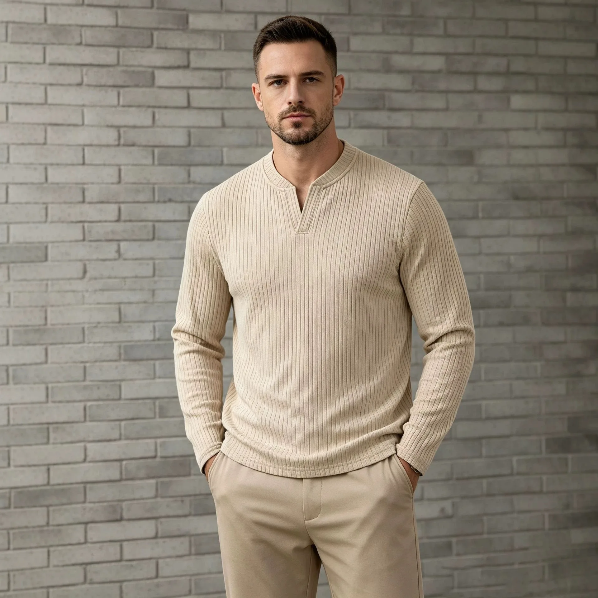 2026 Men V‑Neck Knit Long Sleeve T‑Shirt Autumn Solid Color Ribbed Texture Tees Casual Loose Fit Basic Tops S‑3XL