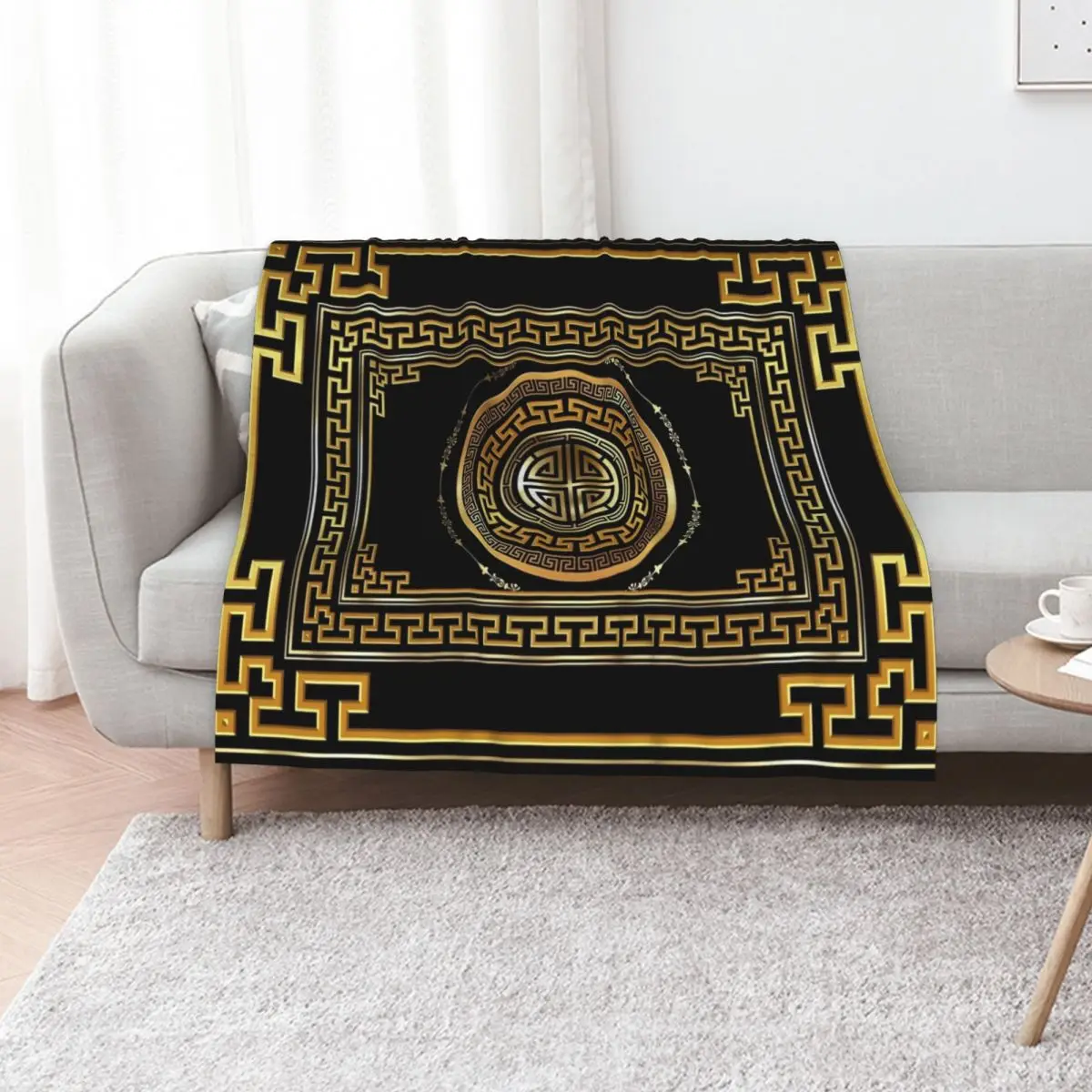 Greek Key Meander Black Gold Large Throw Blanket Warm Plush Fuzzy Blanket for Living Room
