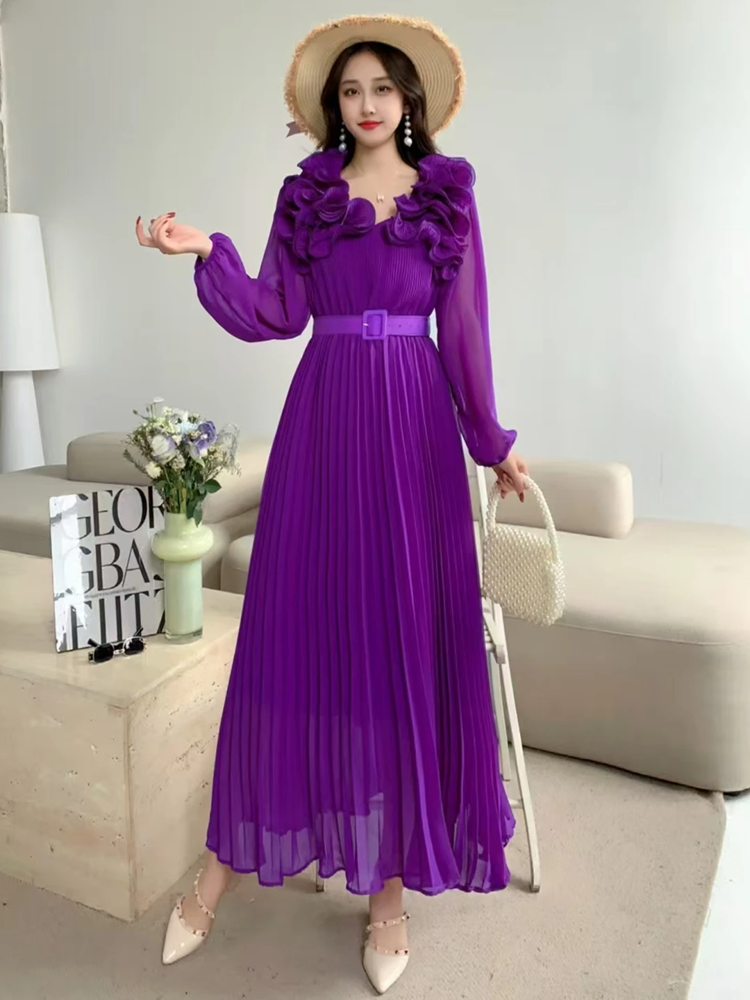 

New Spring Autumn Women V-Neck Long Sleeve Belt Slim Long Dress High Quality Sweet 3D Ruffles Floral Decoration Pleated Dress