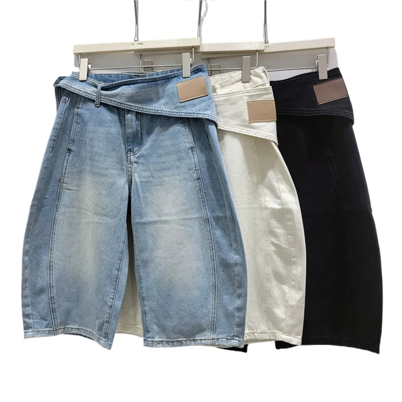 

American Street Style Washed Denim Capri Shorts for Women, Summer Versatile, High-waisted, Wide-leg Mid-length Shorts Jeans