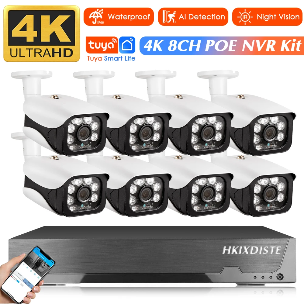 

Комплект камер наблюдения 4K 8MP POE с 8-канальным Poe NVR Приложение Tuya Открытый HD-видео Безопасность CCTV IPTV Система Умный дом Многопользовательские устройства