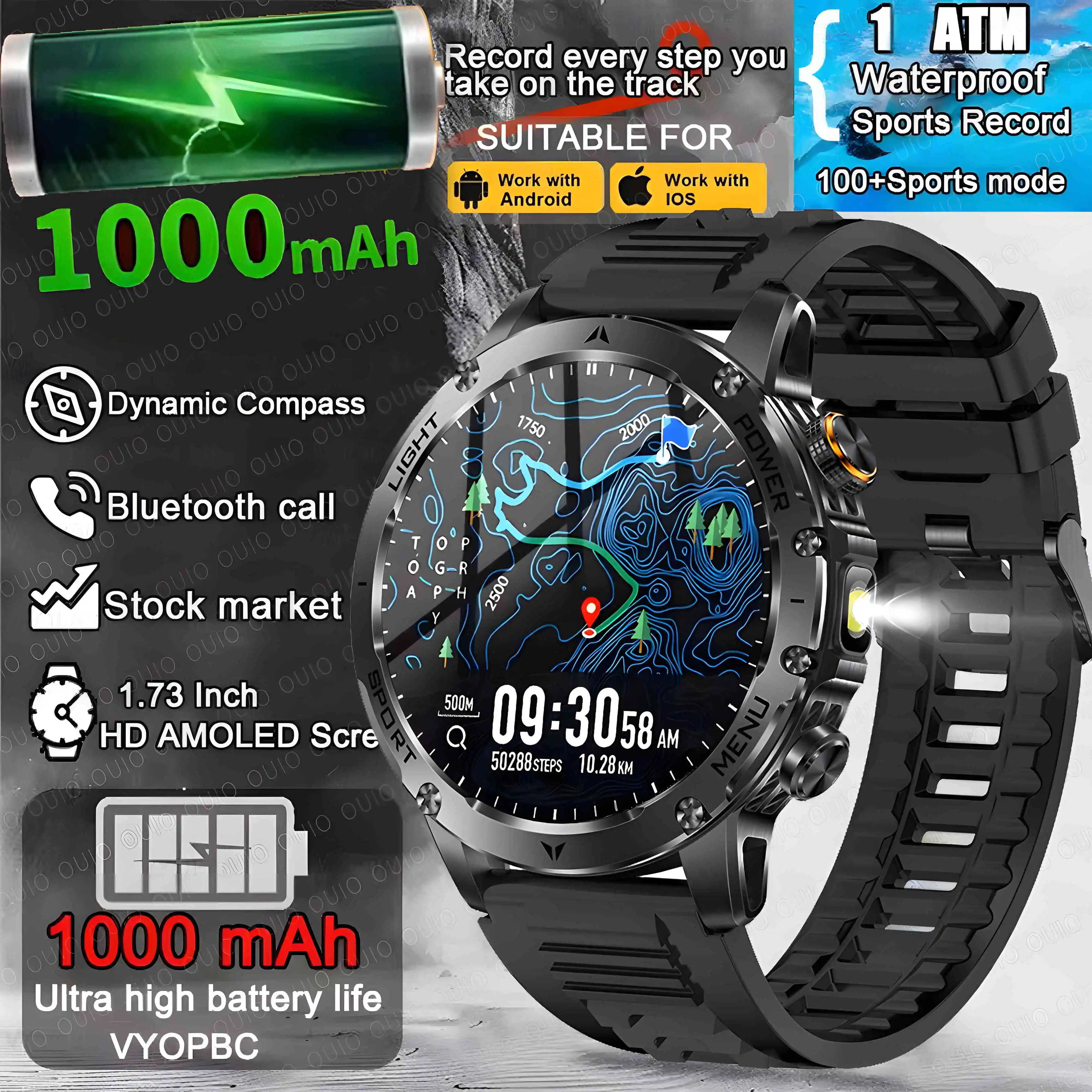 

Новинка для HUAWEI 1000 мАч, аккумулятор большой емкости, умные часы, мужские уличные фонарики, BT Call, водонепроницаемые спортивные умные часы для фитнеса