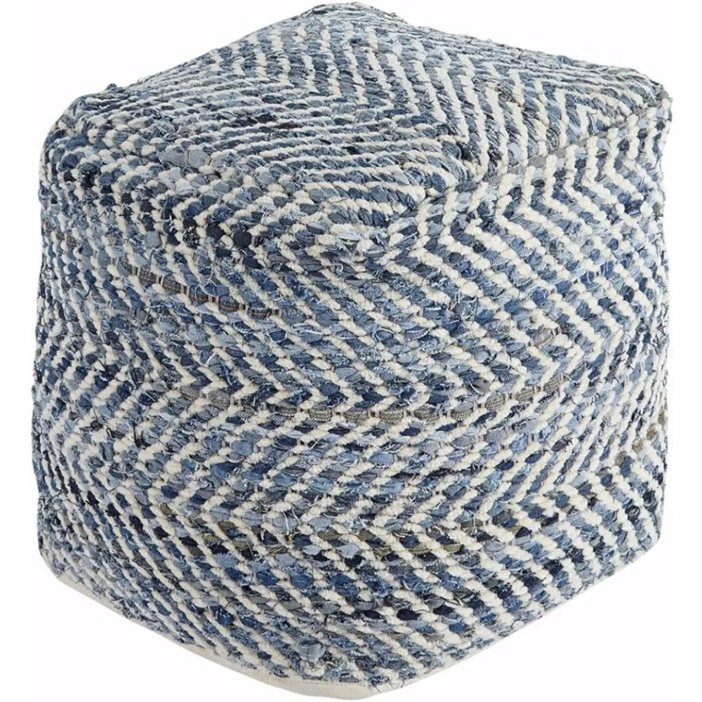 

Chevron Handmade Woven Pouf 18 x 18, Blue and White
