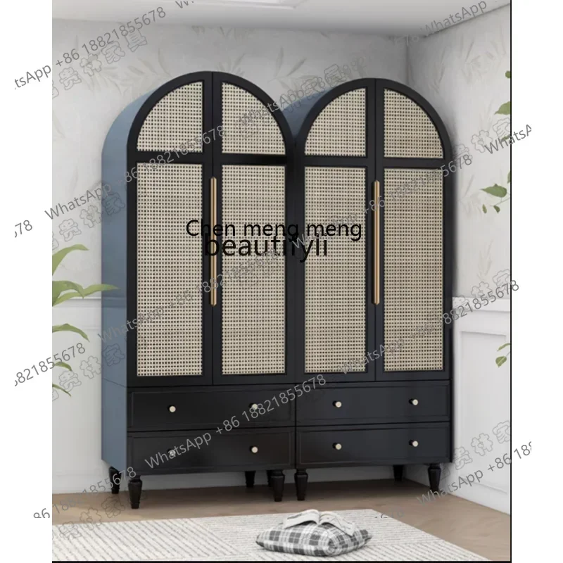 

X A Light Luxury Solid Wood Vintage Rattan Double-Door Closet Cloakroom Large Capacity Storage Wardrobe Natural Rattan Cabinet