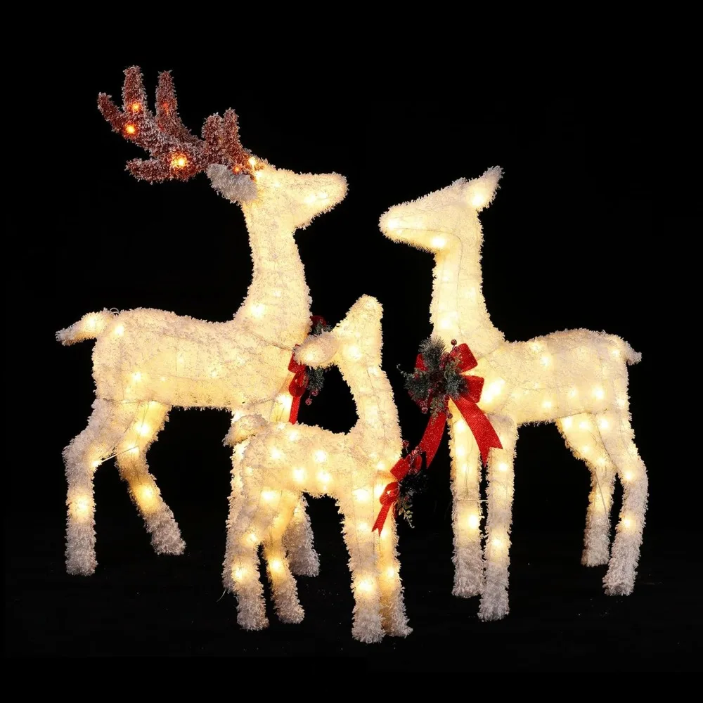 Reindeer Family Christmas Decorations Frosted Lighted Outdoor 3Pieces,LED Christmas Lighted Reindeer Outdoor Holiday Decorations