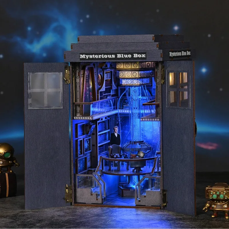 Book Nook Kit Blue Telephone Booth 3D DIY Wooden Puzzle Handmade Bookshelf Dollhouse Model Bookend Building Home Decoration