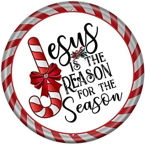 Round Tin Christmas Signs Jesus is The Reason for The Season Sign Christmas Wreath Metal Sign Outdoor Indoor Wall Panel Retro Vi