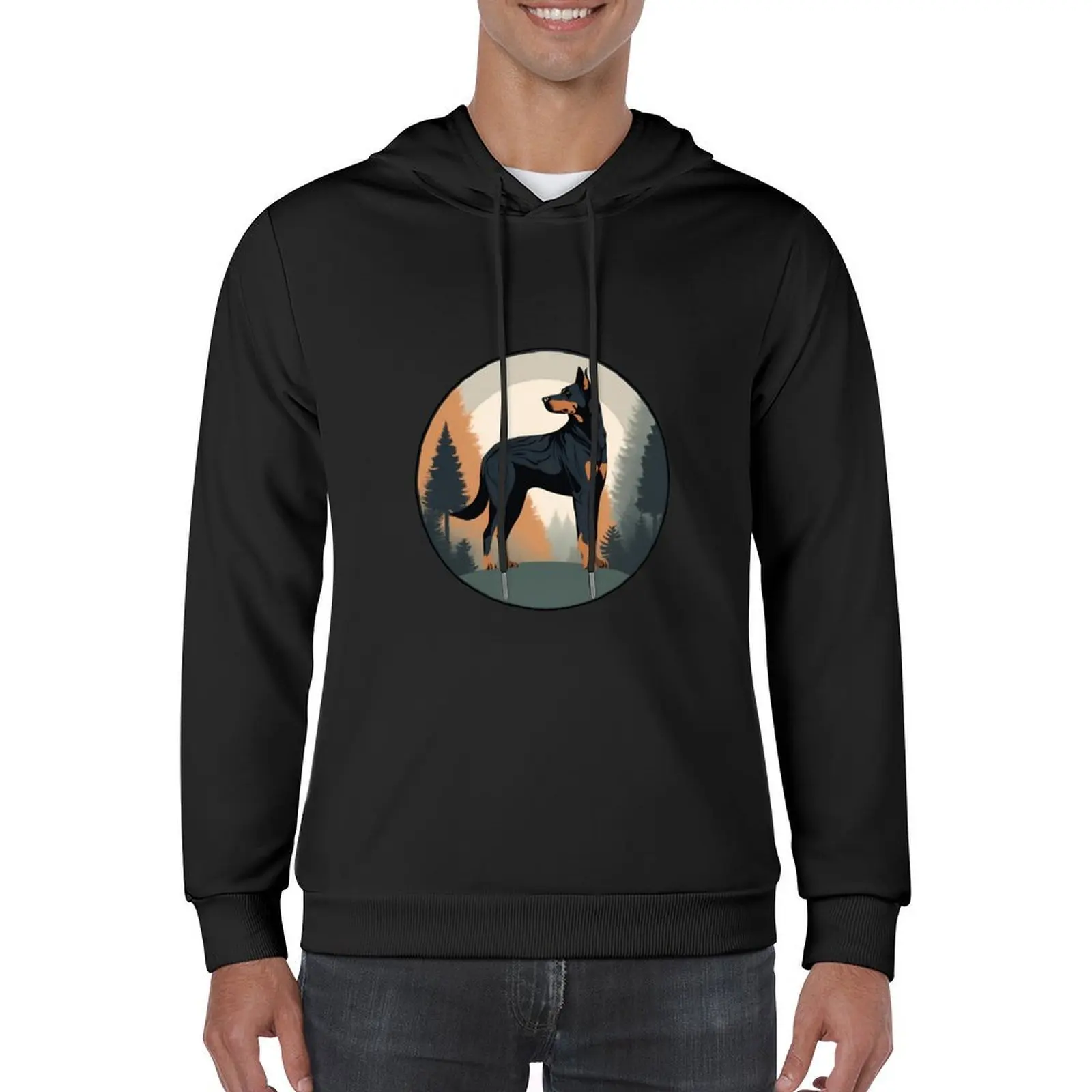صورة ظلية Beauceron في إطار دائرة الغابة - تصميم أنيق مستوحى من الطبيعة، ملابس رجالي بقلنسوة