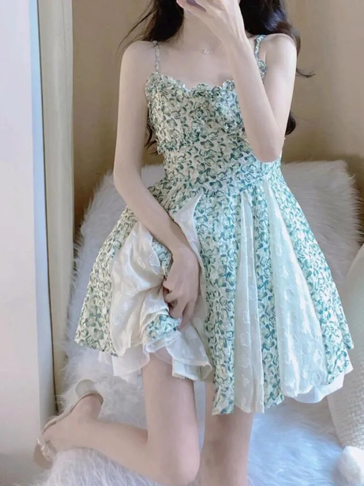 

French Sexy Floral A-Line Short Suspender Dress Niche Design Female Summer Sleeveless Slim Waist Temperament Dresses s395