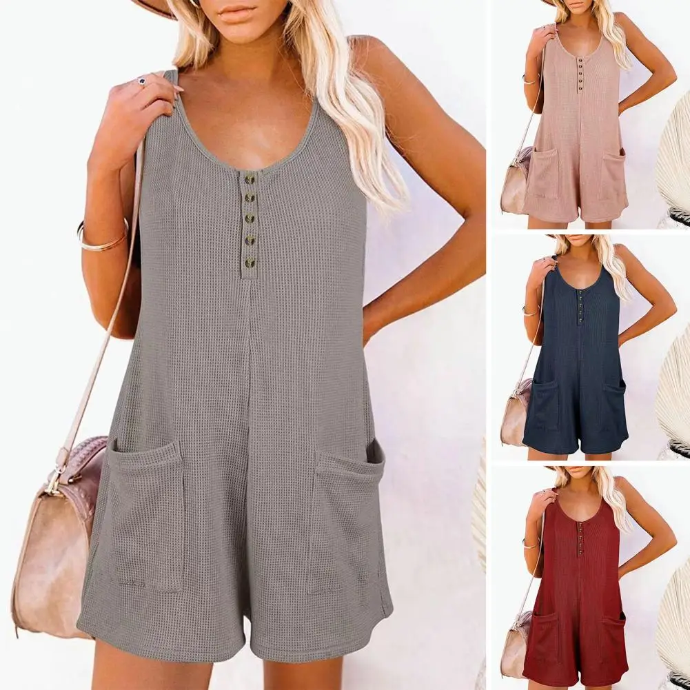 Jumpsuit pakaian kasual wanita, Jumpsuit tanpa lengan, celana pendek longgar dan kantong besar, pakaian kasual satu potong, gaya Retro, musim panas, Jumpsuit wanita