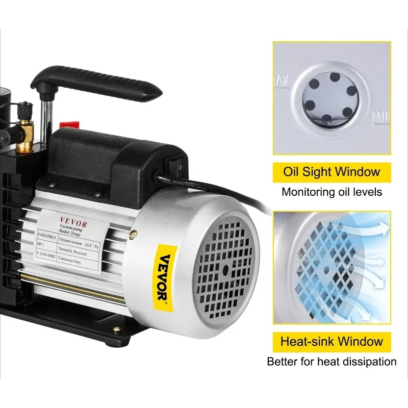 Vacuum Pump 1HP Two Stage HVAC Rotary Vane Degassing Processing Air Conditioning Auto AC Refrigerant Vacuum Pump 2-Stage