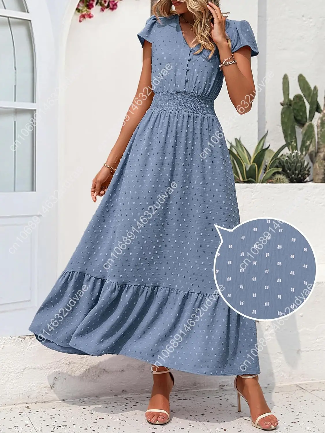 Kobiety Casual Boho letnie sukienki Maxi 2025 z krótkim rękawem V Neck szwajcarska kropka wzburzyć marszczona zwiewna długa suknia ślubna
