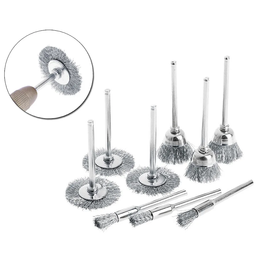 9pcs Steel Wire Brush Rotary Tool Electric Dremel Drill Bit Polishing Grinding Wheel T-shaped Brush Accessories