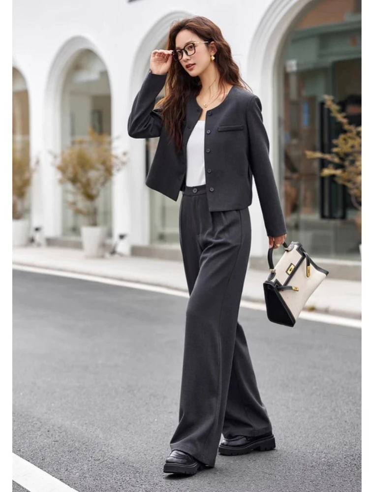 VIMLY pants sets solid elegant round neck button jackets fashion