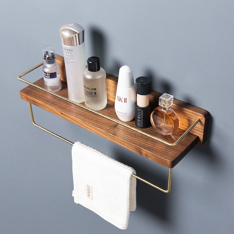 Wooden Bathroom Shelf - No Drill Wall Mounted Organizer for Towels/Cosmetics Waterproof Shower Storage&Vanity Countertop System