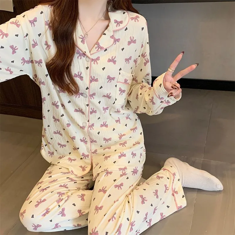 Roupa de dormir feminina sexy doce arco impressão manga longa estudante loungewear cardigan lapela superior calças compridas plus size pijamas homewear