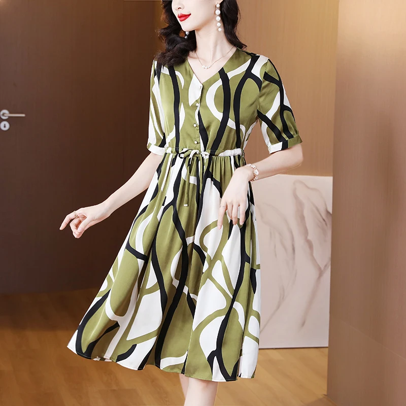 

Summer New Plus Size Women's Dresses Fashion Acetate Satin Lace-up Patchwork Show Thin Stripe V Neck Elegant Dress Short Sleeve