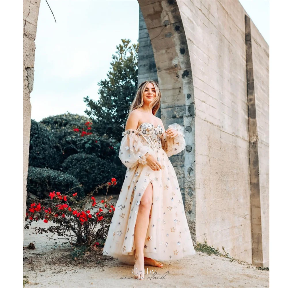 Cathy Beige Off the Shoulder Wedding Dresses Star Appliques Tulle A-line فساتين سهرة Elegant Puffy Sleeves vestidos de fiesta