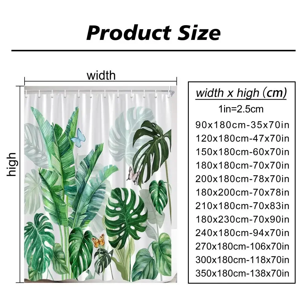 Tropical Greens Botanical Shower Curtain Floral Butterfly Washable Hanging Curtain Bathroom Shower and Tub Decor with Hooks