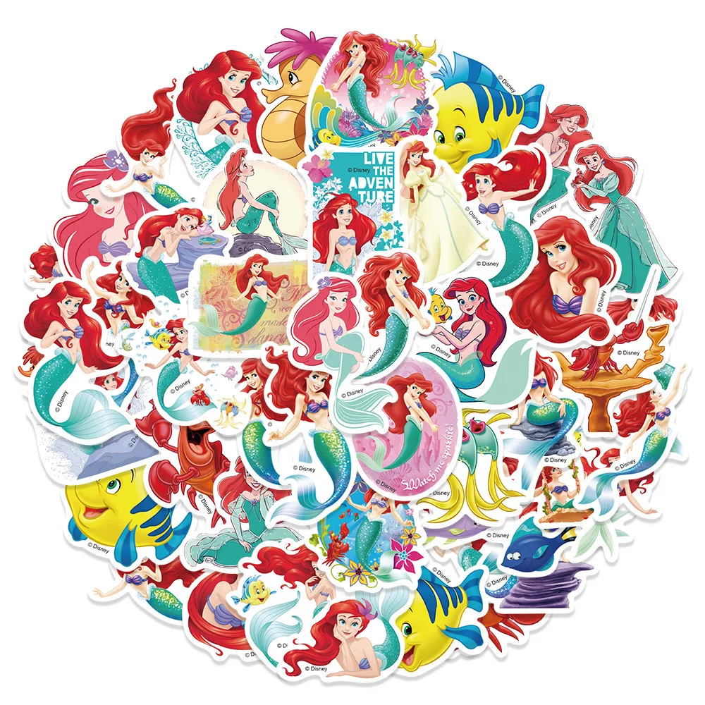 50PCS Disney Cartoon Little Mermaid Stickers Movie Anime Decal Skateboard Guitar Laptop Book Kawaii Sticker Pack Kids Girl Toy 