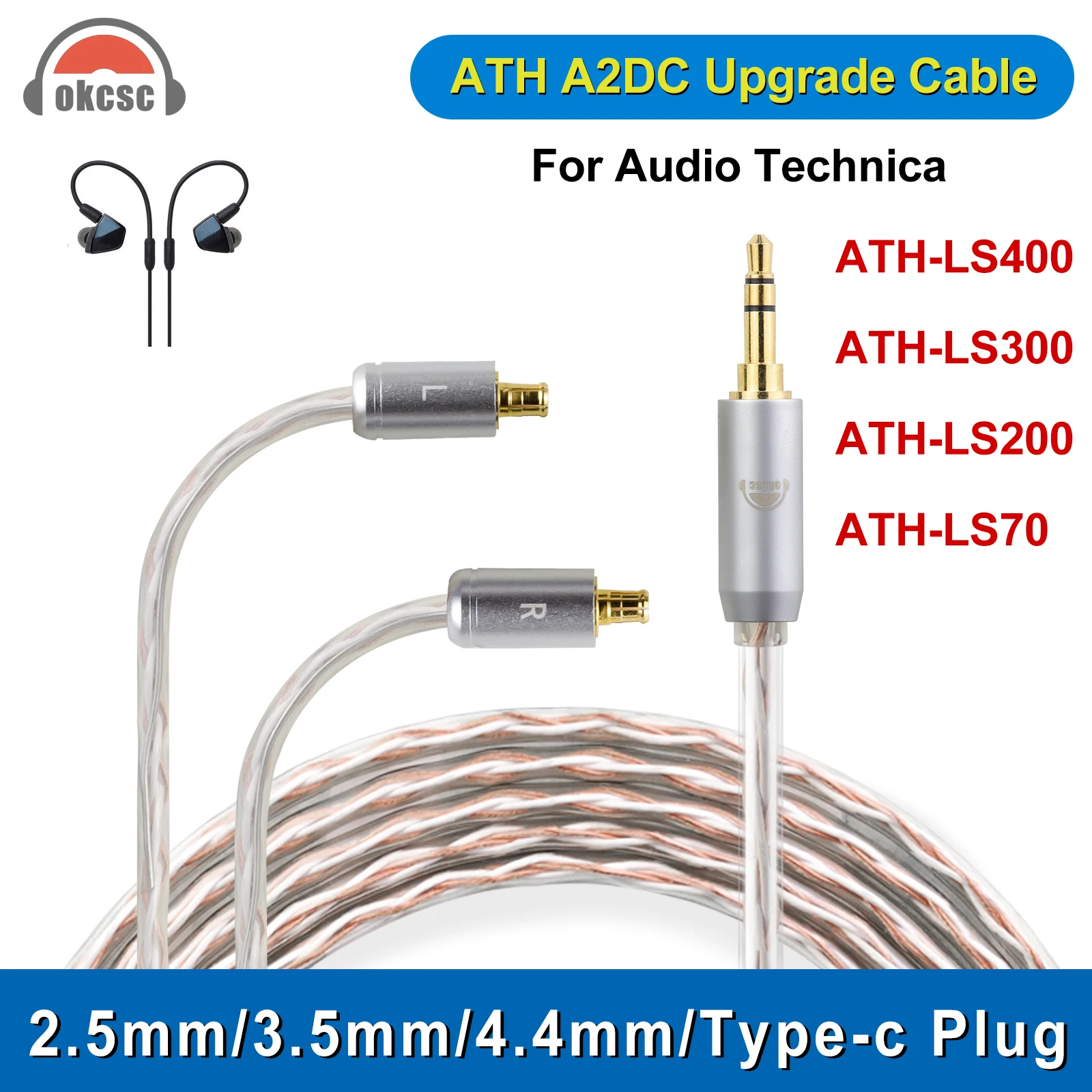 OKCSC A2DC Standard Balanced Earphone Cable for ATH-LS50/LS50iS LS70/LS70iS ATH-E40/E50/E70 4 Core Upgrade Silver Plated Cable