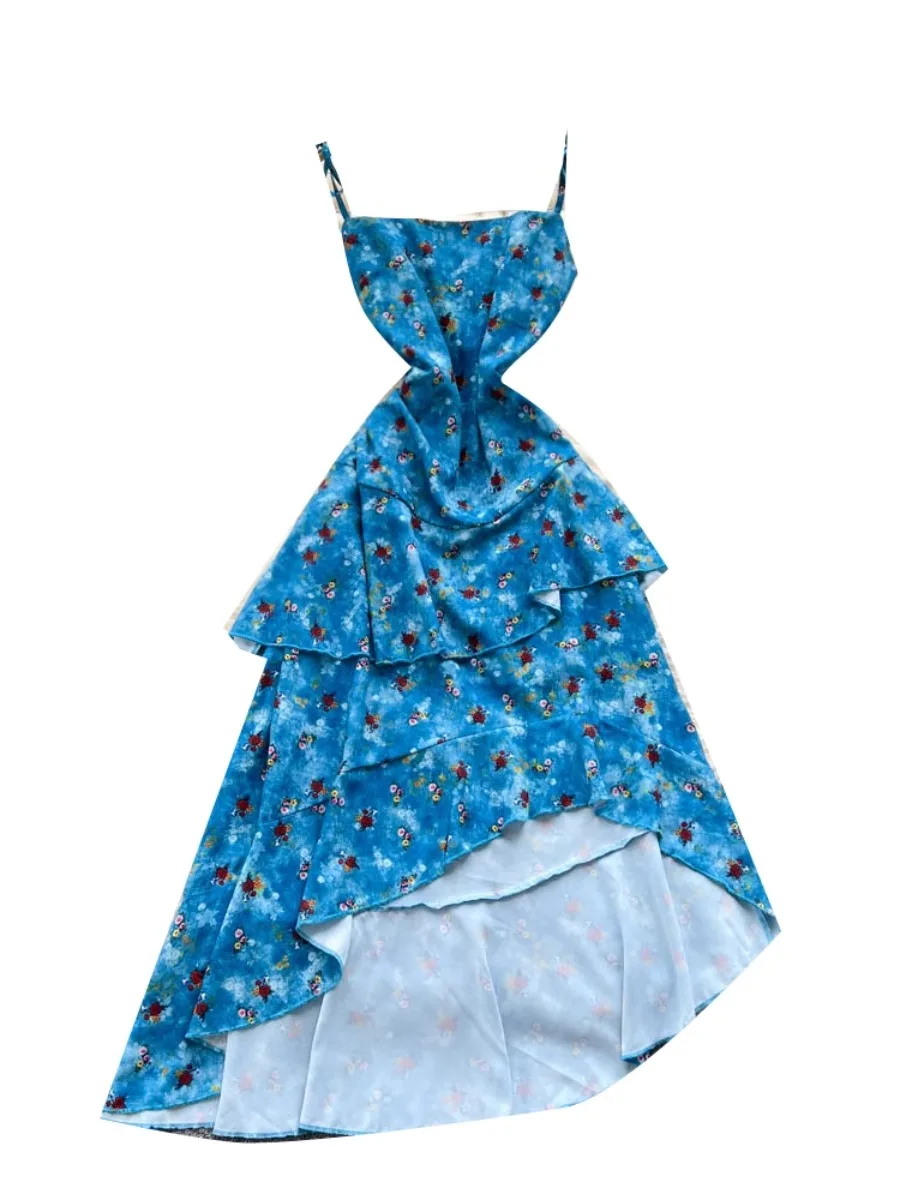 Foamlina Irregular Ruffle Boho Dress Women French Retro Halter Floral Print Cinched Waist Elegant Vacation Dress Trendy Chic