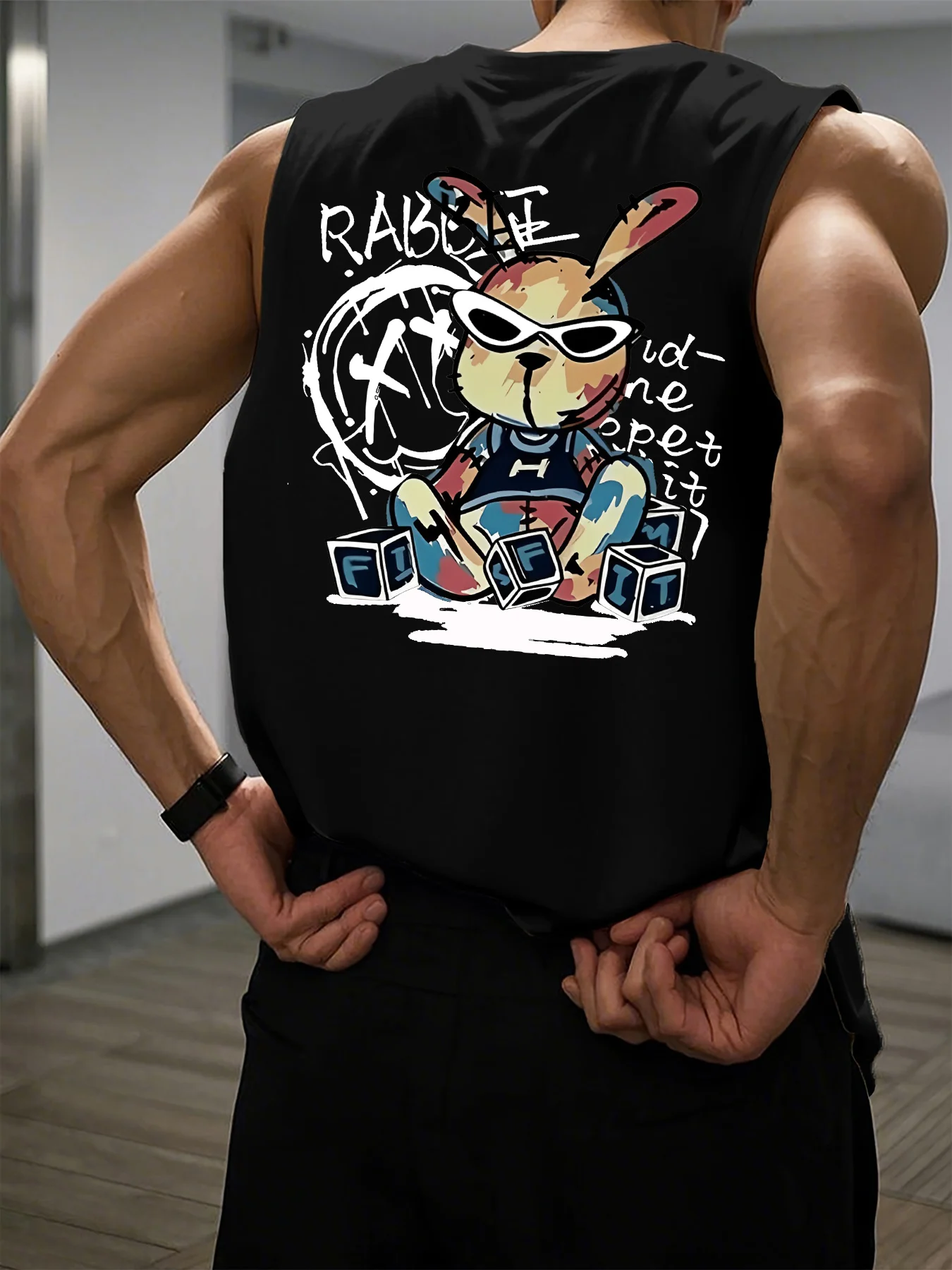 Canotta senza maniche con collo rotondo, comoda e traspirante, da uomo, per il tempo libero, sportiva, fitness, allentata, modello di coniglio cartone animato stampato