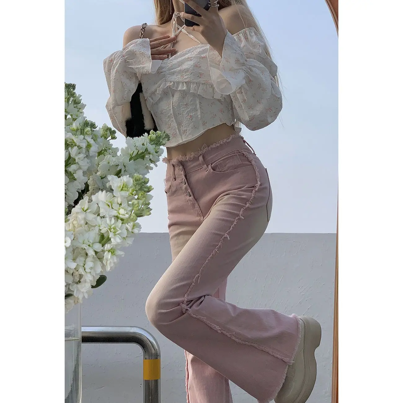 Korea Flare Jeans Bleached Washed Gradient Sweet Trendy Slim Y2k Streetwear Harajuku Kawaii Summer Chic Females Vintage