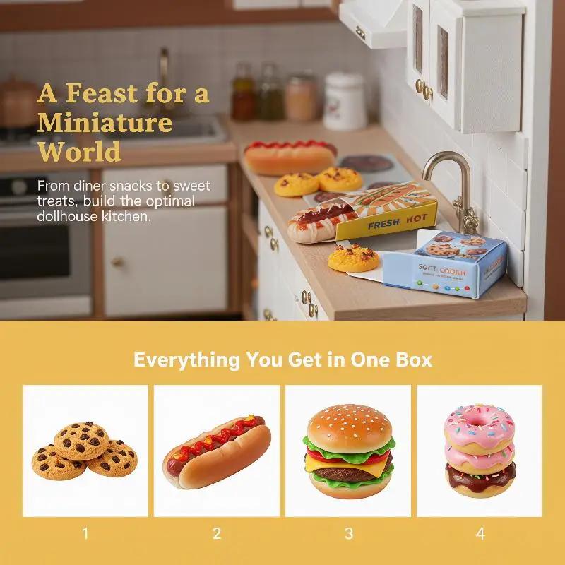 Dollhouse 1:12 Scale Fast Food Packaging 5 Sets Realistic Hot Dog Bread Cookie Boxes