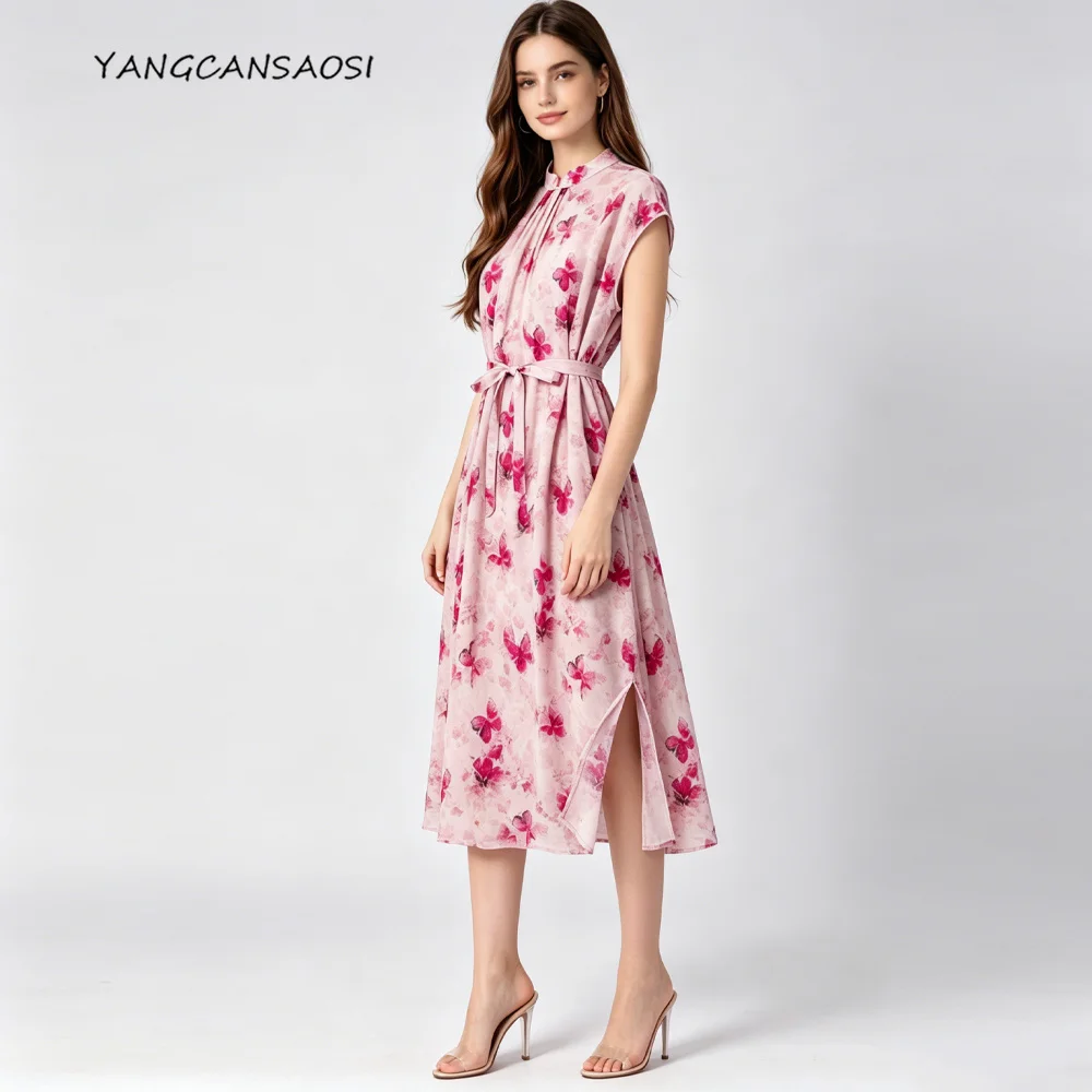 Pink Ink Print 100% Natural Mulberry Silk Crepe De Chine Romantic Elegant Stand Collar Short Sleeved Women's Casual Dress