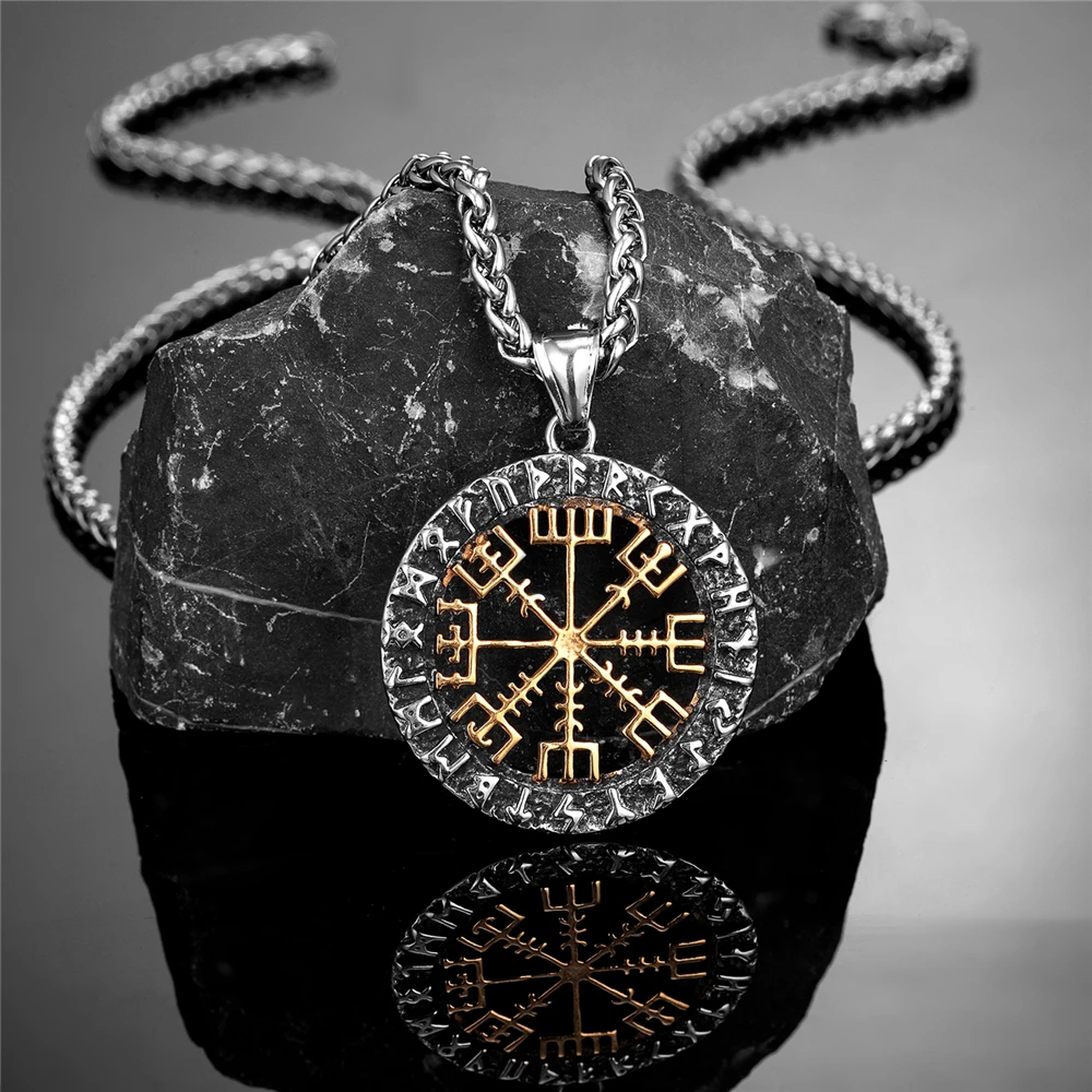 Stainless Steel Vikings Hollow Out Compass Necklaces Men Norse Rune Trident Vegvisir Pendant Amulet Vintage Scandinavian Jewelry