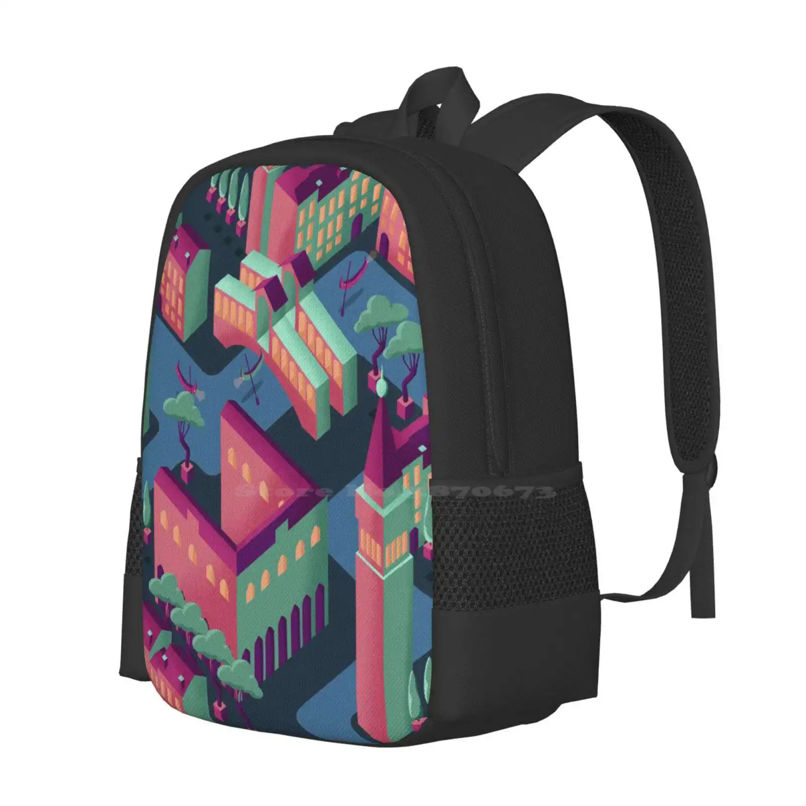 Isometric Future Venice In Pink And Green 3D Print Design Backpack Student Bag Futuristic Italy Isometric Future Of A City