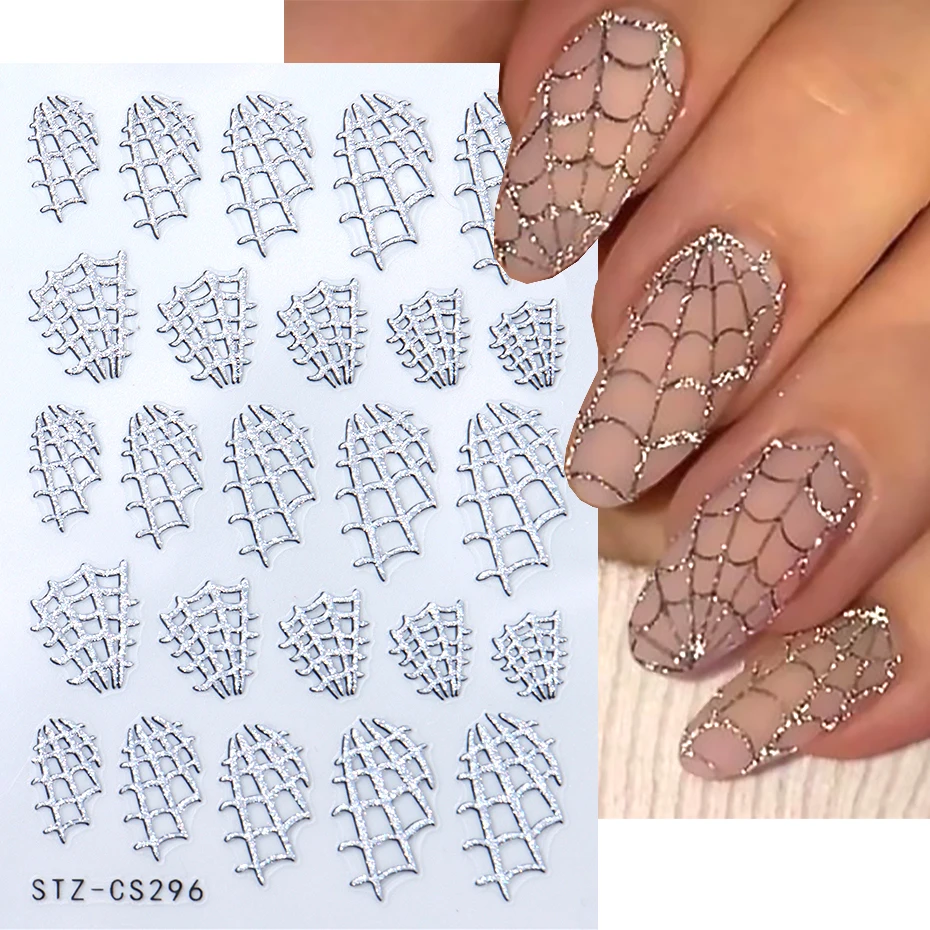 Ragnatela argento Glitter Nail Art adesivi decalcomanie autoadesivo Spider Love Heart Shimmer 3D Halloween Nail Stickers forniture