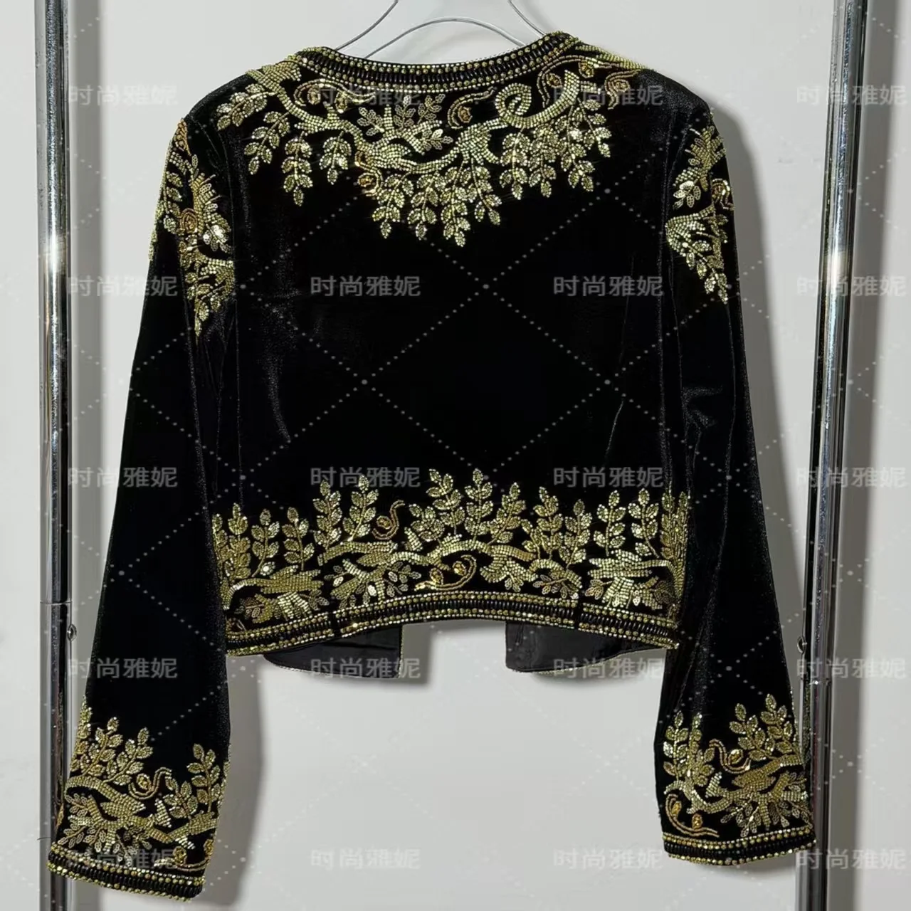 Women's V-Neck Short Jacket Gold Sequin Nail Bead Fashion Palace Style Heavy Industry Elegant Open Stitch Top Jacket