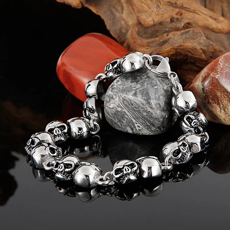 Fongten 21cm Skull Bracelets For Men Stainless Steel Chian Wristband Male Bangle Bracelets Gothic Skeleton Silver Color Jewelry