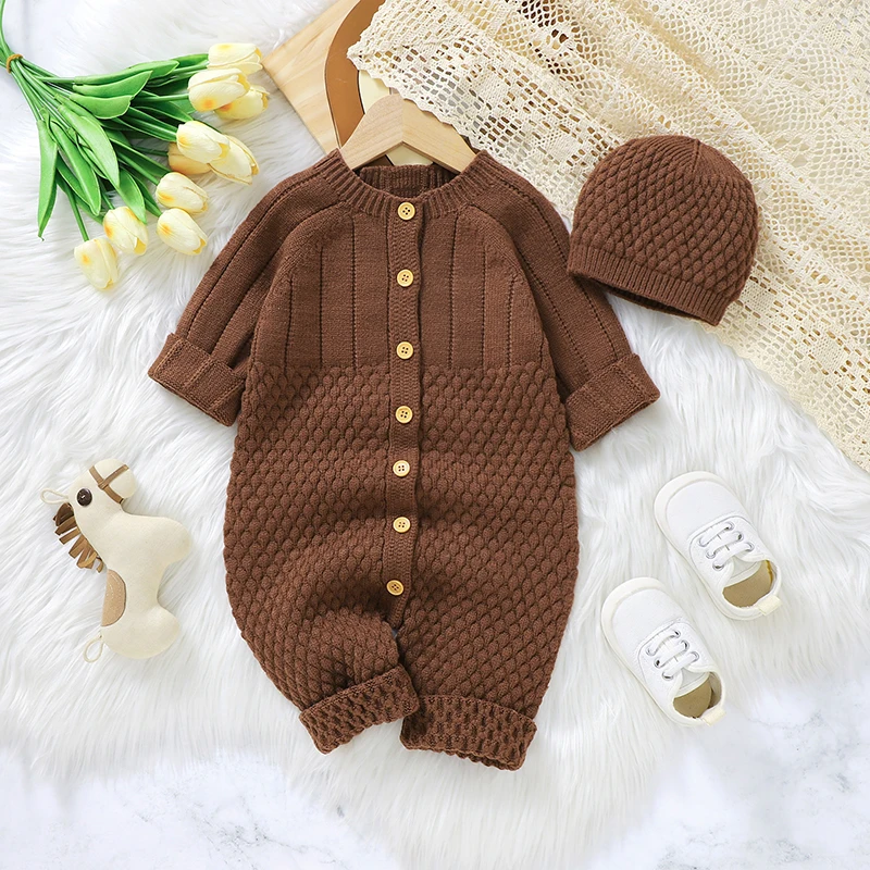 Newborn Baby Romper Knit Infant Girl Boy Jumpsuit Outfits Long Sleeve Autumn Toddler Kid Clothes Hat 2PC Overalls 0-18M Playsuit