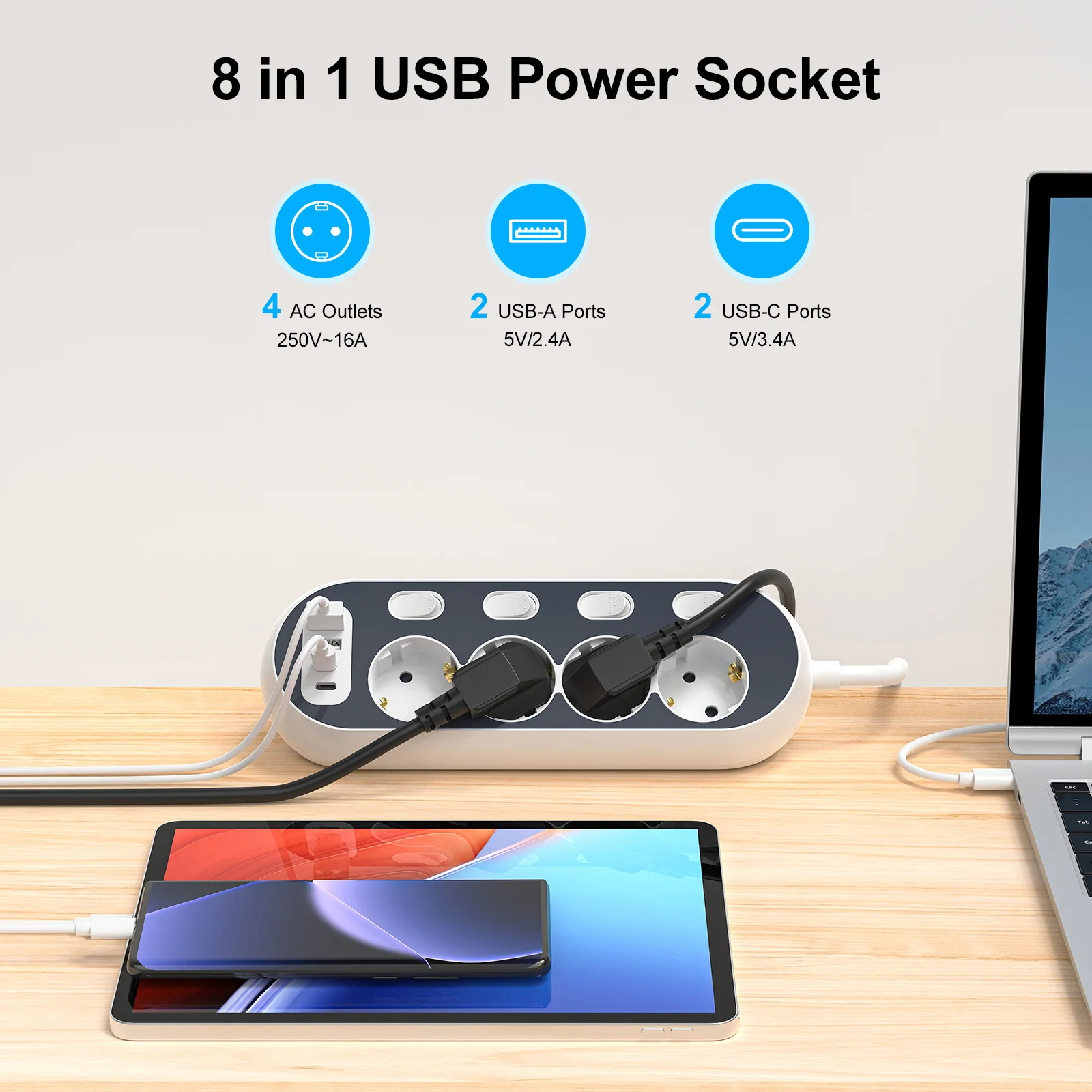شريط طاقة 8 في 1، 4 مقابس تيار متردد + 2 منفذ USB A + 2 منفذ USB C، شحن سريع 3.4 أمبير، حمايات متعددة، كابل تمديد 2 متر