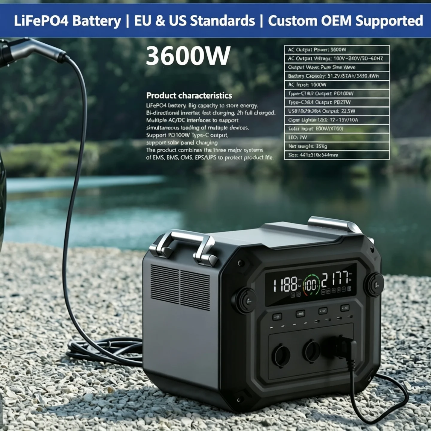 Portable Power Station 3600W 3000Wh LiFePO4 Controller Outdoor Energy Storage EU Plug Factory Direct for Road Trip RV