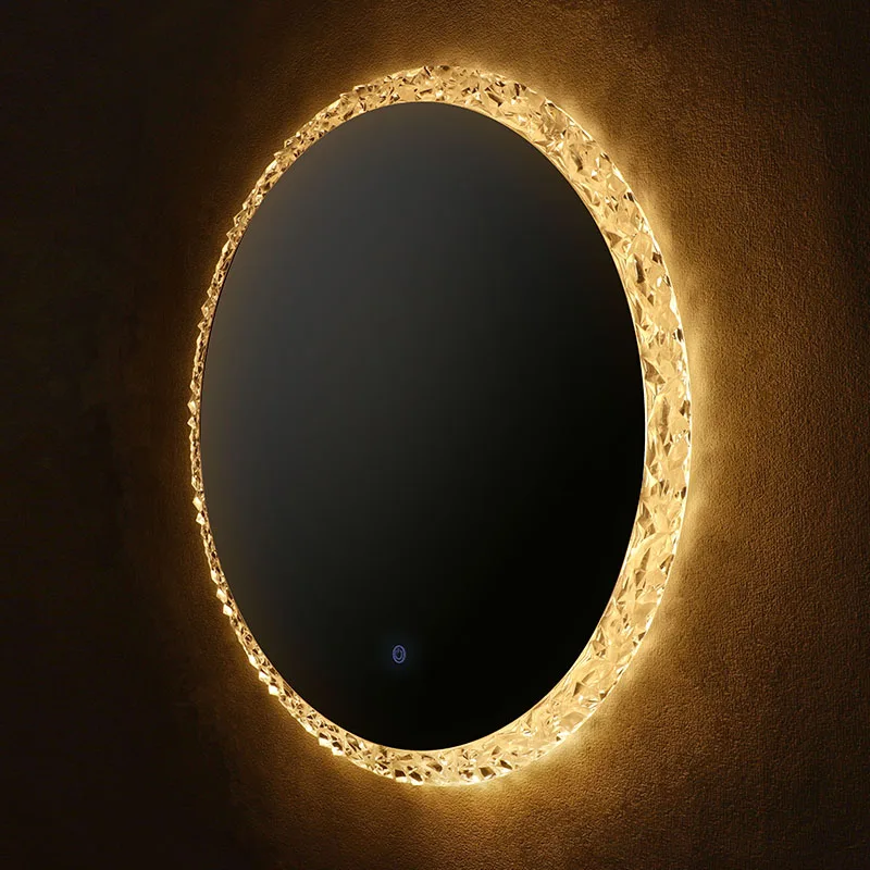 Round Smart Bathroom Mirror Touch Screen Wall Mount Irregular Diamond Crystal Led Make up Mirror