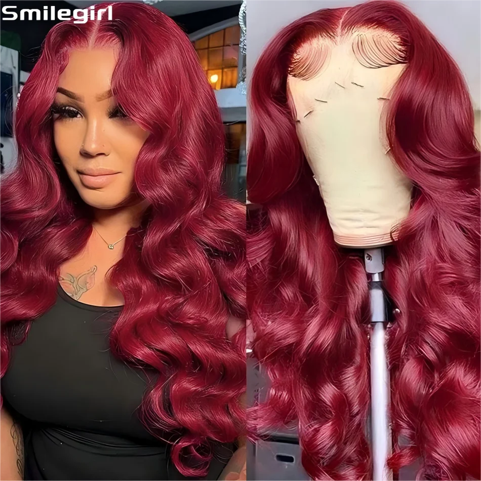

99J Бордовый 13X6 Hd Парик из натуральных волос на кружеве, плотность 250, объемная волна, парик спереди, красный цвет, бразильский для женщин, 30, 36 дюймов