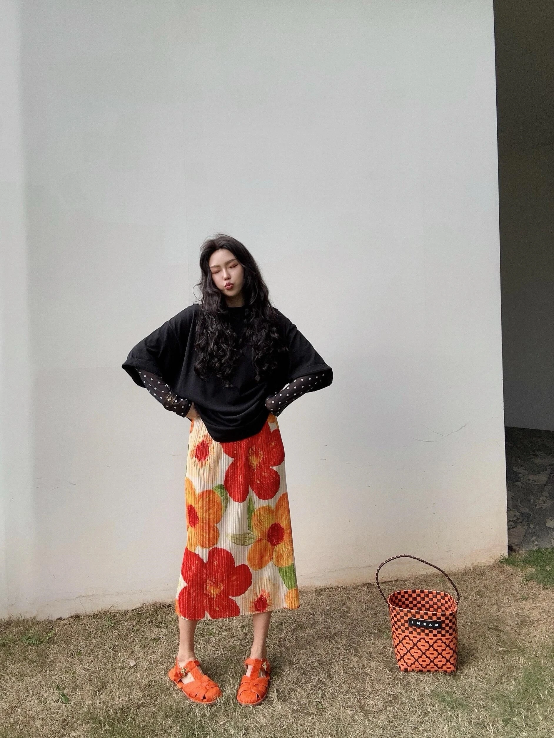 High Waist Printed Half Skirt Women's Summer Slim Fit A-Line Skirt Three-Quarter Length Pleated Gown for Young Ladies